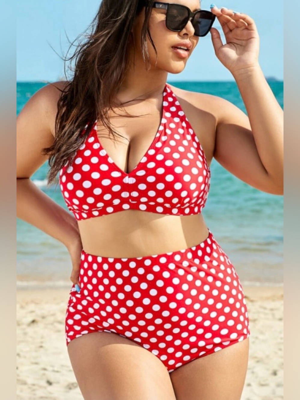 Women’s Red Polka Dot High-Waist Bikini Set -